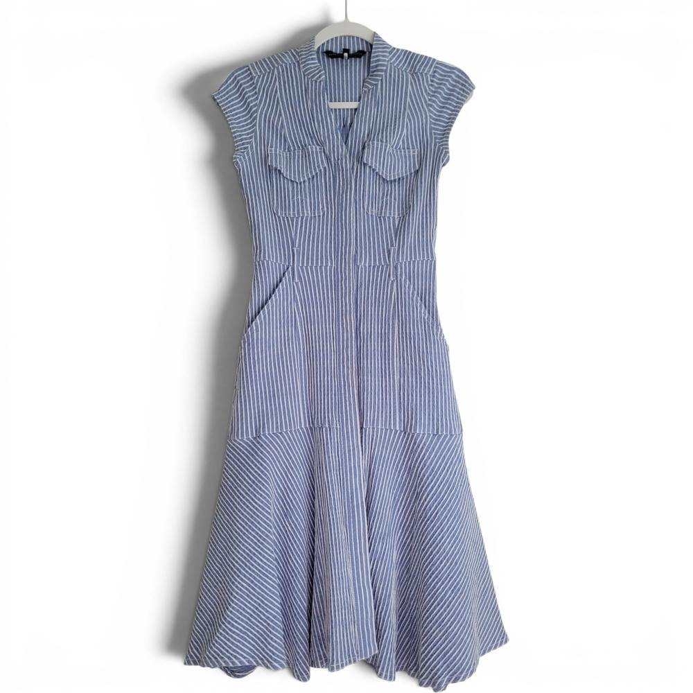 WHBM Vertical Stripe Blue White Seersucker Drop Waist Midi Dress Size 0 Pocket - Picture 2 of 8
